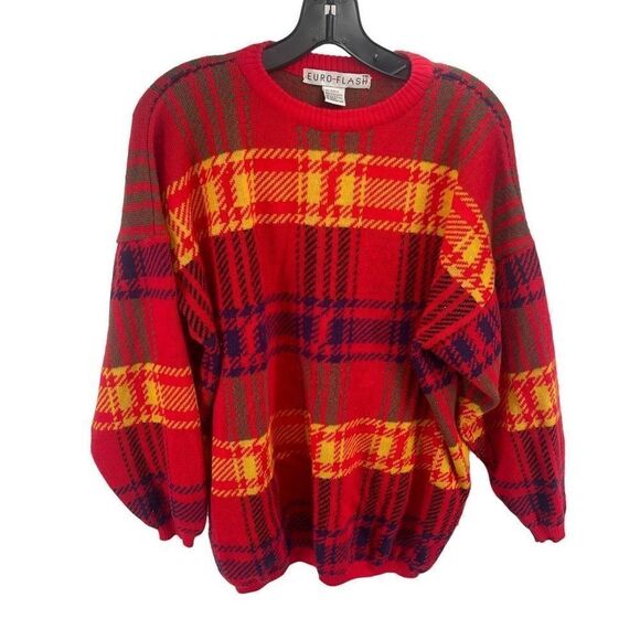 Euro-Flash Women's Plaid Sweater Vintage 80s Long Sleeve Acrylic Red One Size - Picture 1 of 11